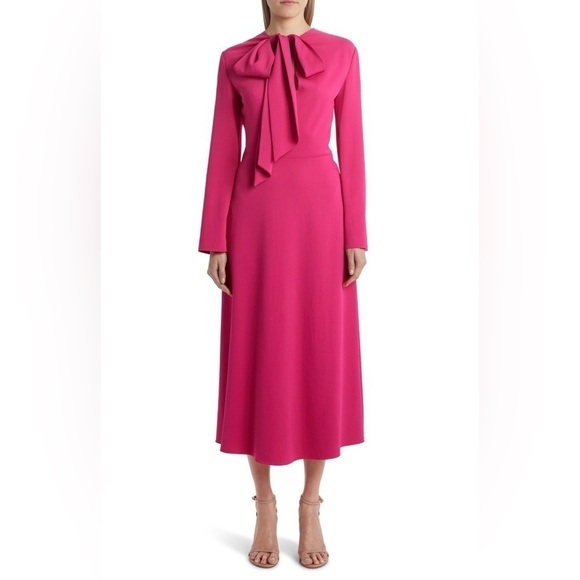 Valentino Bow Neck Long Sleeve Matte Cady Midi Dress Sz 48 XL NWT